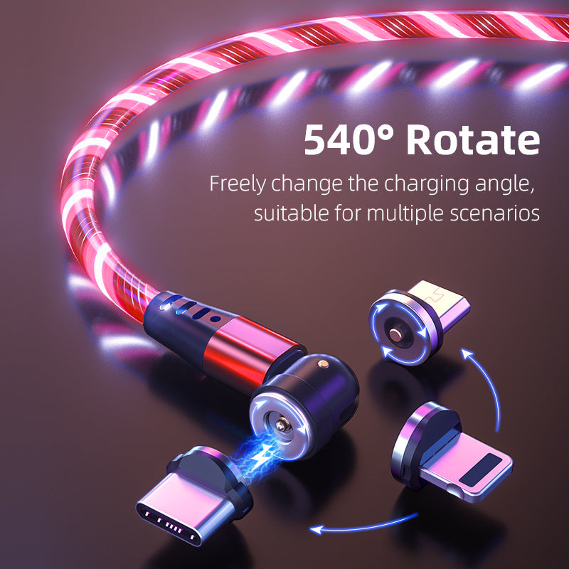 3A 540° Rotating Magnetic Charging Cable – LED Fast Charger for iPhone, Type-C & Micro USB Devices
