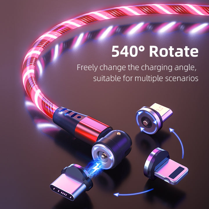 3A 540° Rotating Magnetic Charging Cable – LED Fast Charger for iPhone, Type-C & Micro USB Devices