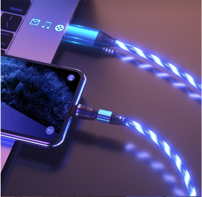 3A 540° Rotating Magnetic Charging Cable – LED Fast Charger for iPhone, Type-C & Micro USB Devices