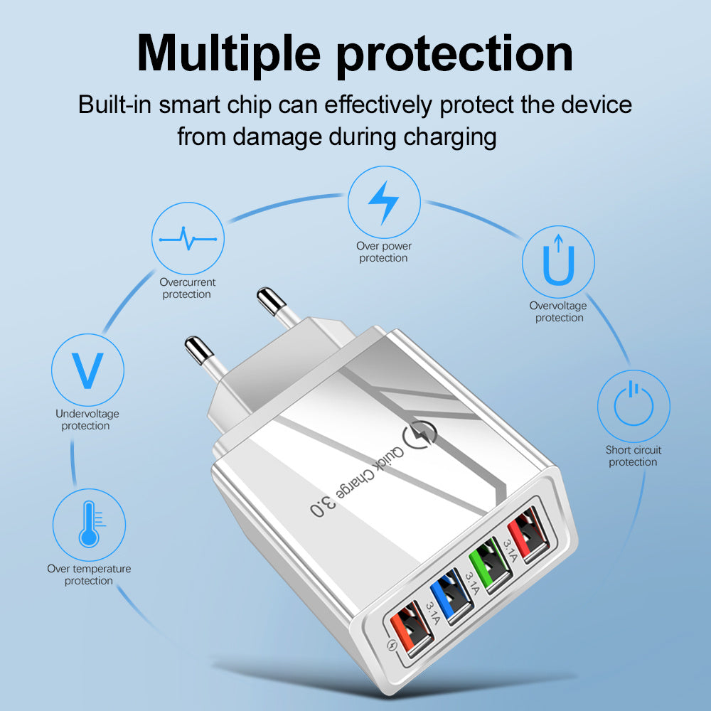 Quick Charge 3.0 USB Wall Charger – 4-Port Fast Charging Adapter for Mobile Phones & Tablets