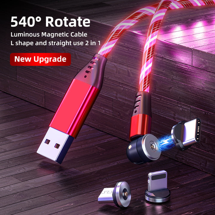 3A 540° Rotating Magnetic Charging Cable – LED Fast Charger for iPhone, Type-C & Micro USB Devices