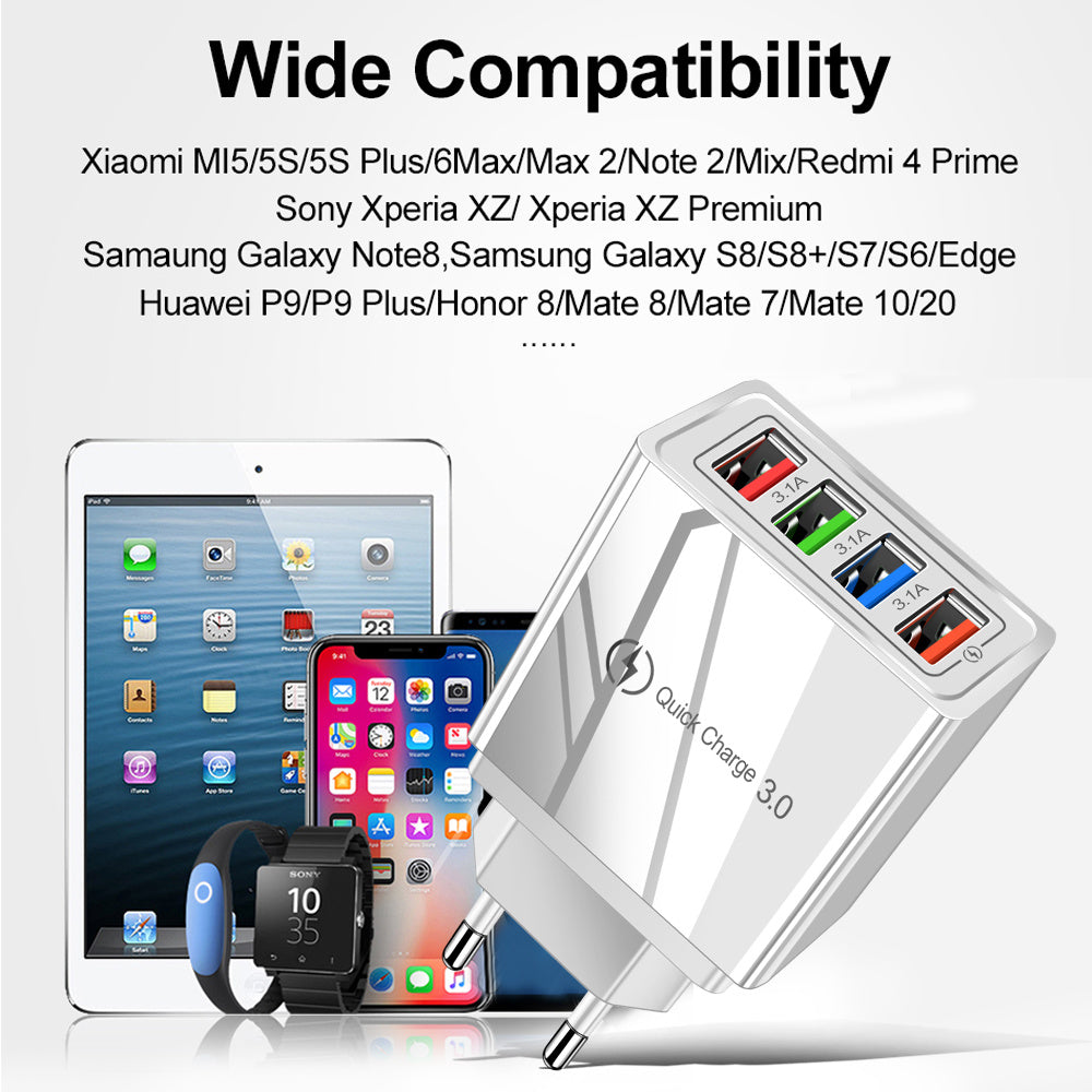 Quick Charge 3.0 USB Wall Charger – 4-Port Fast Charging Adapter for Mobile Phones & Tablets
