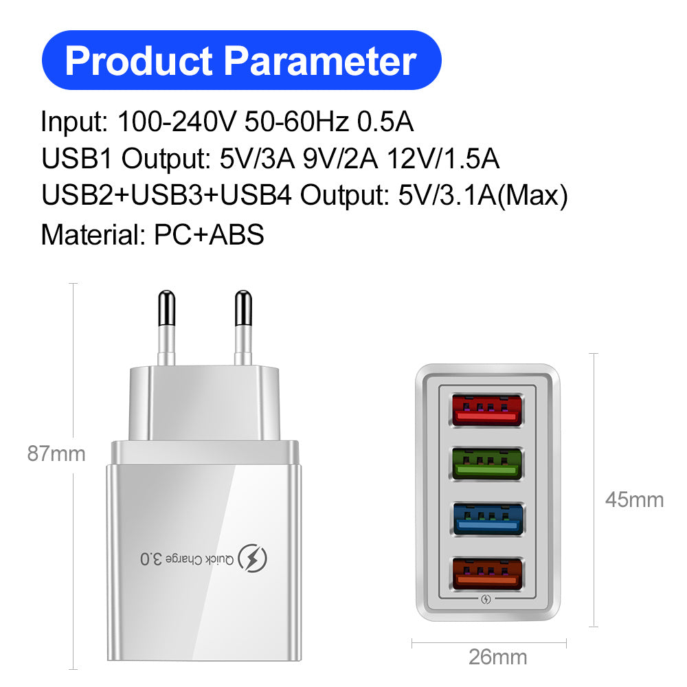 Quick Charge 3.0 USB Wall Charger – 4-Port Fast Charging Adapter for Mobile Phones & Tablets
