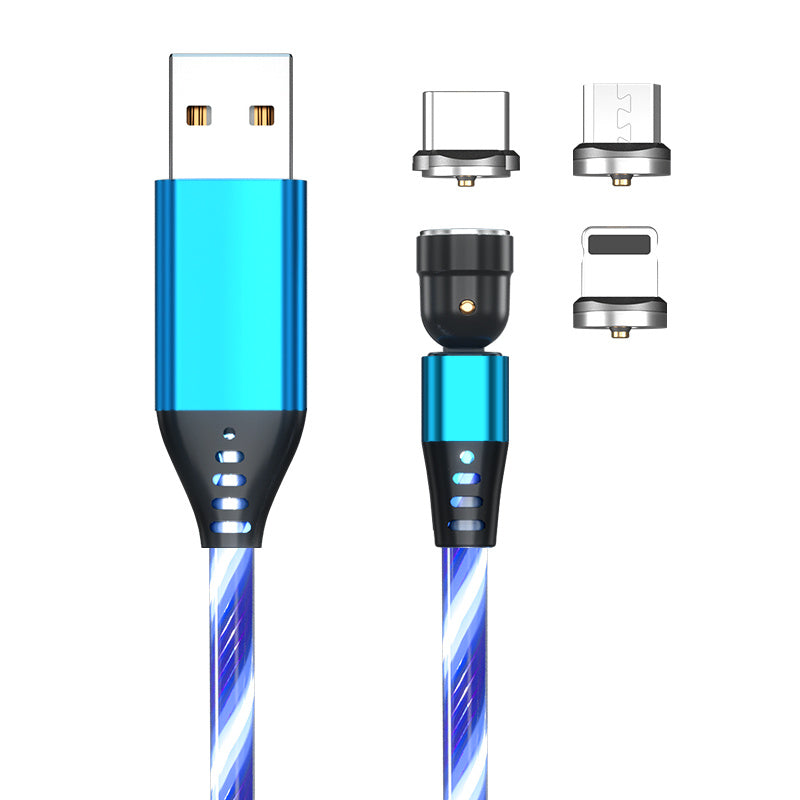 3A 540° Rotating Magnetic Charging Cable – LED Fast Charger for iPhone, Type-C & Micro USB Devices