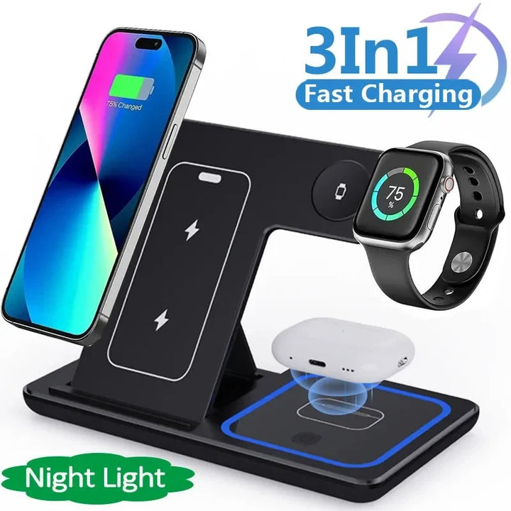 15W 3-in-1 Fast Wireless Charger Stand – Foldable Charging Station for iPhone, iWatch & AirPods