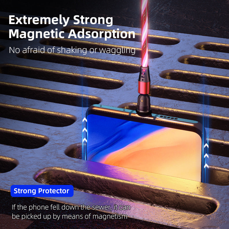 3A 540° Rotating Magnetic Charging Cable – LED Fast Charger for iPhone, Type-C & Micro USB Devices