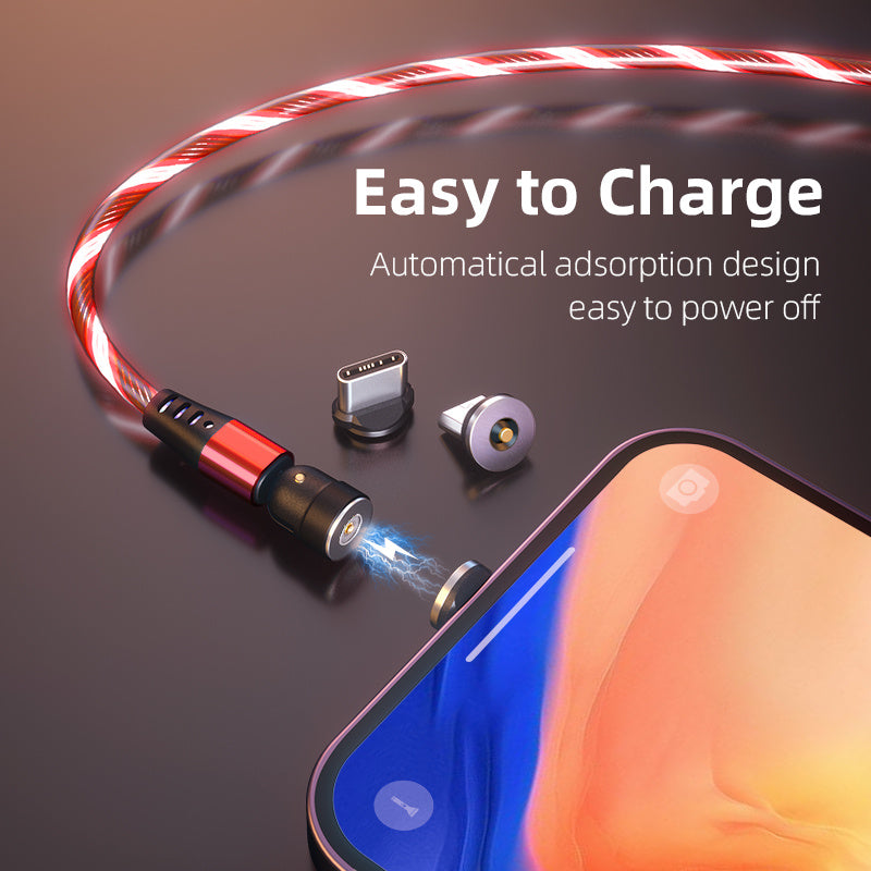 3A 540° Rotating Magnetic Charging Cable – LED Fast Charger for iPhone, Type-C & Micro USB Devices